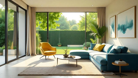 Bright modern living room with large windows and garden