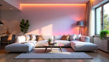 Warm and inviting living room with contemporary design elementsの写真素材