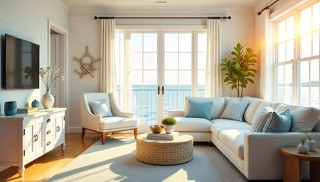 Bright coastal living room with sea view and sunlightの写真素材