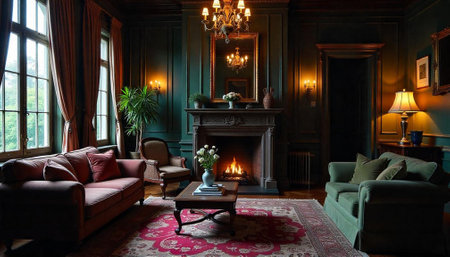 Opulent living room with fireplace and comfortable furnishingsの写真素材