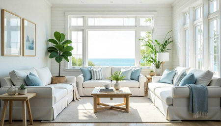 Bright coastal living room with ocean view and natural lightの写真素材