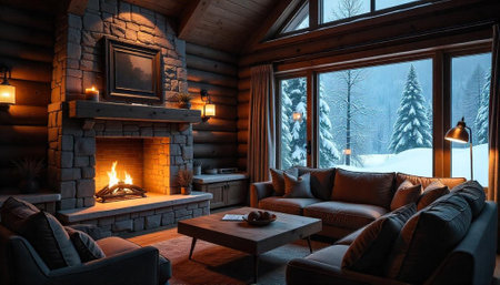 Cozy cabin interior with fireplace and snowy winter view