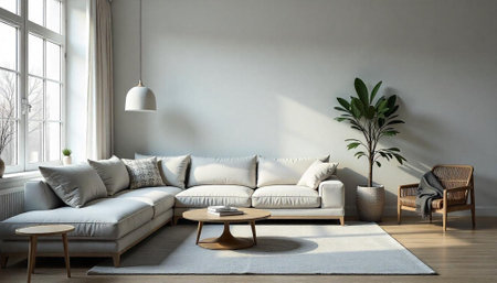Neutral toned living room with sofa and natural lightの写真素材