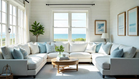 Bright coastal living room with large white sectional sofa
