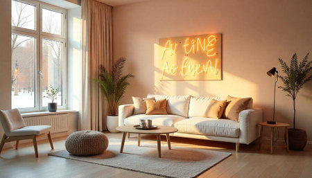 Cozy living room with sofa, plants, and warm sunlightの写真素材