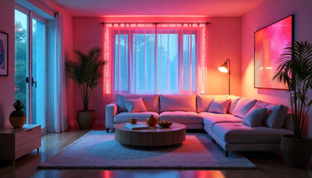 Living room with pink and blue ambient lightingの写真素材