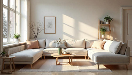 Bright living room with a large sofa and plantsの写真素材