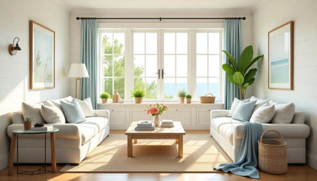 Bright living room with ocean view in coastal styleの写真素材