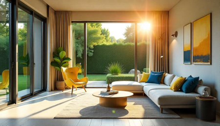 Bright and modern living room with garden view at sunset