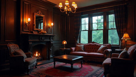 Cozy dark paneled living room with fireplace and elegant furnitureの写真素材