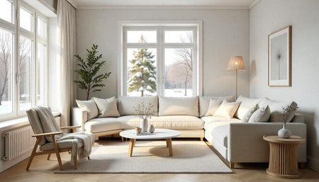 Cozy winter living room with view of snow-covered treeの写真素材