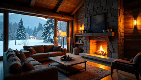 Cozy cabin interior with fireplace and winter landscape viewの写真素材