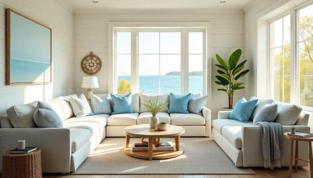 Bright coastal living room featuring a large sectional sofaの写真素材