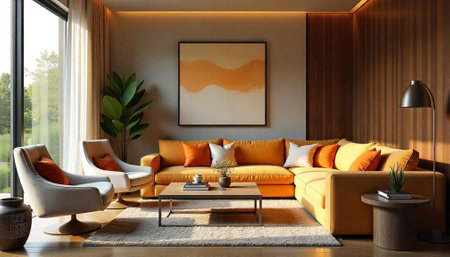 Cozy living room with modern furniture and warm ambianceの写真素材