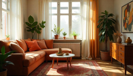 Warm orange toned living room filled with indoor plantsの写真素材