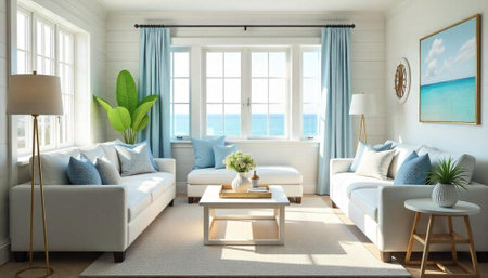 Coastal living room interior with sea view and decorations