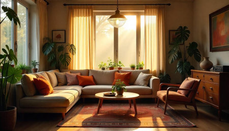 Cozy Living Room with Natural Light and Indoor Plantsの写真素材