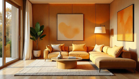 Warm toned living room showcasing modern minimalist interior designの写真素材