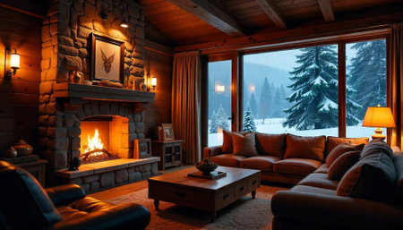 Cozy cabin interior with fireplace and winter scenic viewの写真素材