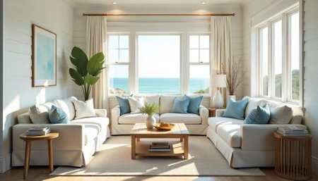 Coastal living room with ocean view and neutral paletteの写真素材