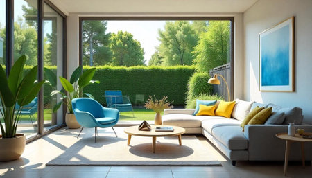 Bright modern living room with garden view and sunlight