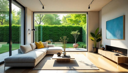 Modern living room with garden view and minimalist decor