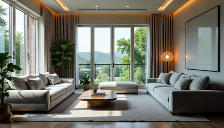 Modern living room showcasing interior design and scenic landscape