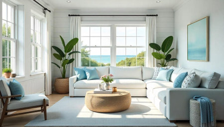 Coastal style living room with light and ocean viewsの写真素材