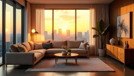 Elegant apartment interior bathed in golden sunset light
