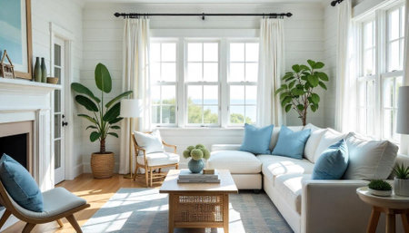 Bright coastal living room with ocean view and furniture
