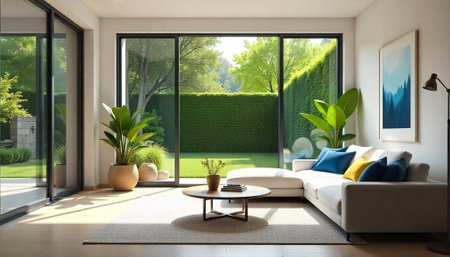 Bright modern living room with garden view and sunlight