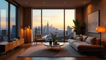 Luxury apartment interior overlooking city skyline at sunset