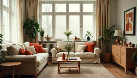Cozy Living Room with Neutral Tones and Natural Lightの写真素材