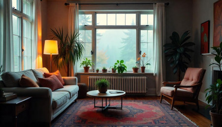 Cozy living room interior with view of misty forestの写真素材