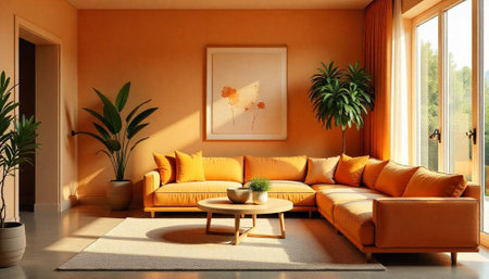 Warm toned living room interior with orange corner couch