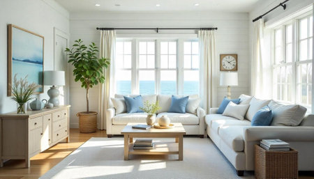 Bright coastal living room with ocean view and sunlight