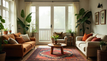 Cozy and inviting living room with vintage rugの写真素材