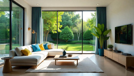 Bright living room with garden view and modern furniture