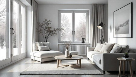 Minimalist living room featuring modern furniture and snowy landscape