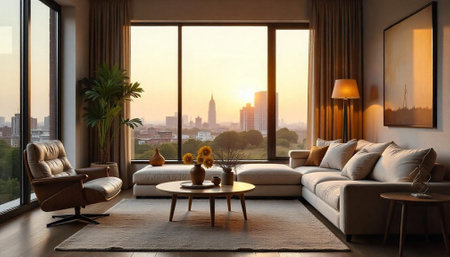 Modern Living Room Interior with City View at Sunset