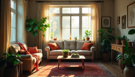 Warm interior with sunlight shining through the window panes