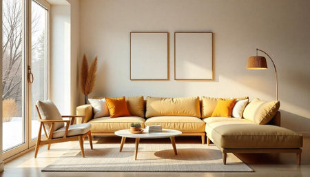 Warm living room interior with sofa and natural light