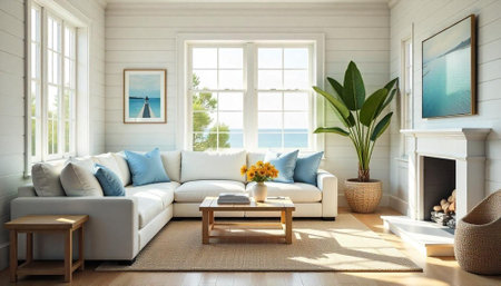 Coastal living room with ocean view in natural light