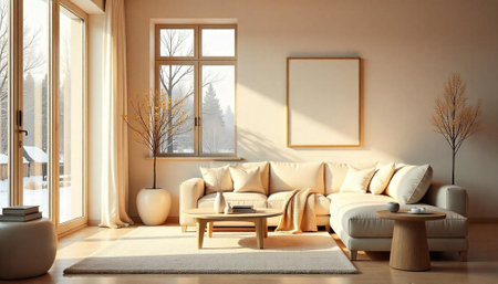 Minimalist living room interior with warm neutral color palette