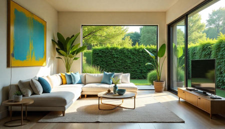 Bright modern living room with garden view and artworkの写真素材