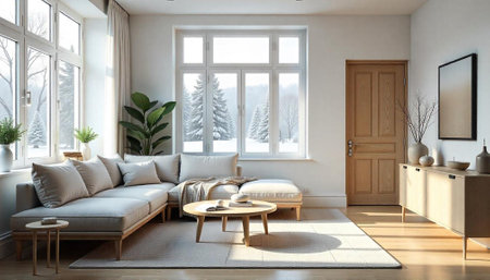 Cozy living room with winter view and neutral palette