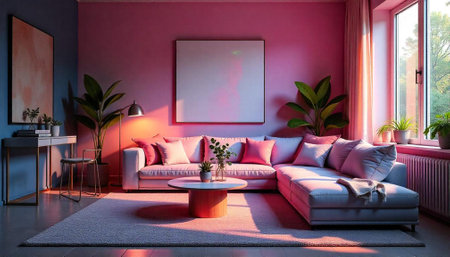 Living room interior with pink walls and cozy furniture