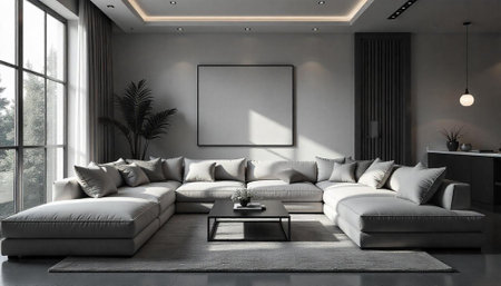 Elegant gray living room featuring a sectional and natural light