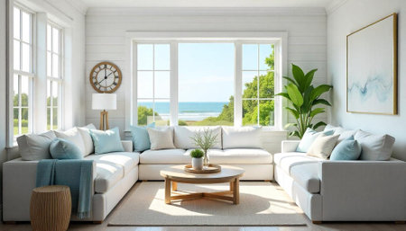 Bright coastal living room interior with ocean view and seatingの写真素材