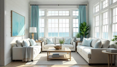 Bright living room with ocean view and coastal decorの写真素材